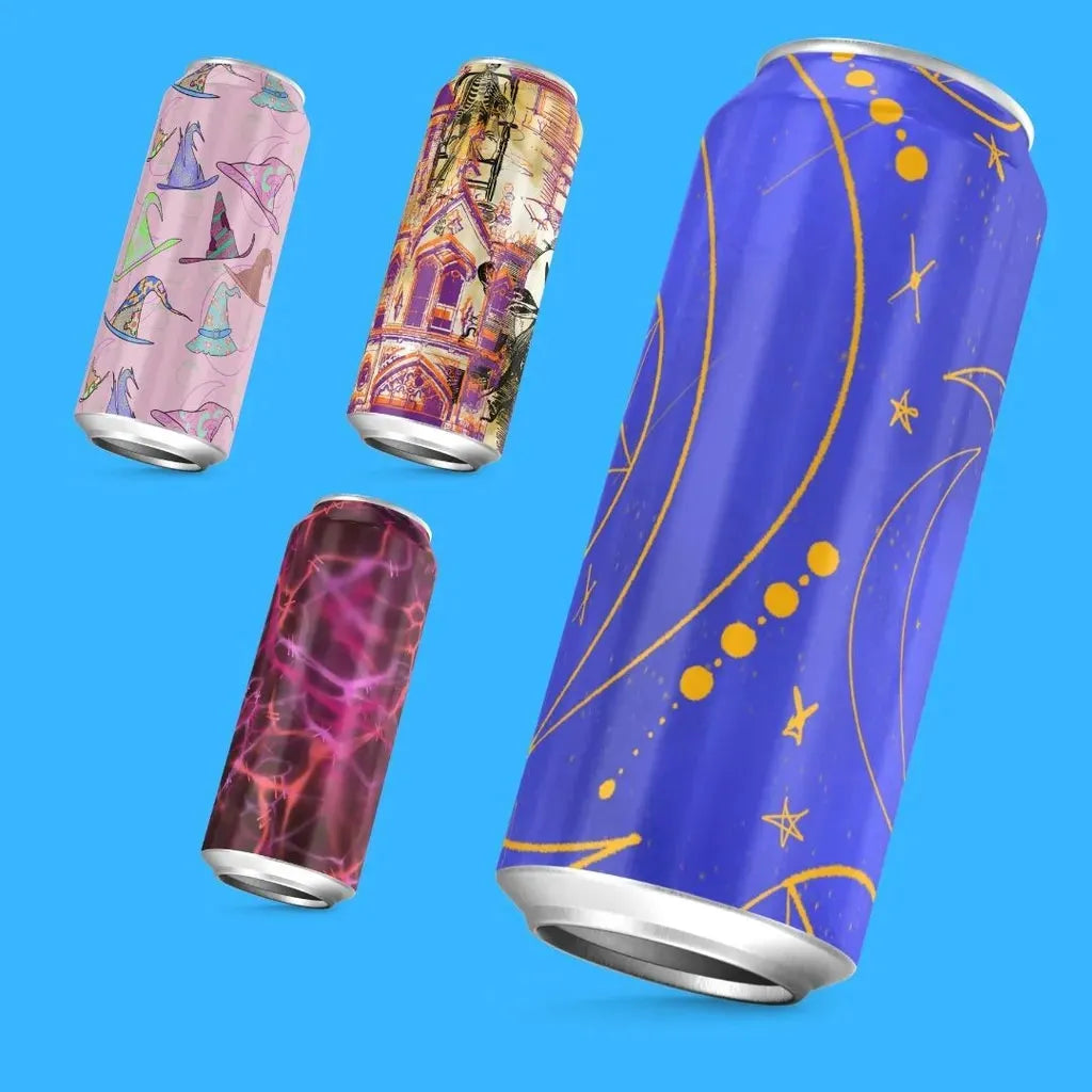 Two product mockups showing the celestial witchy design printed on tall, modern beverage cans.