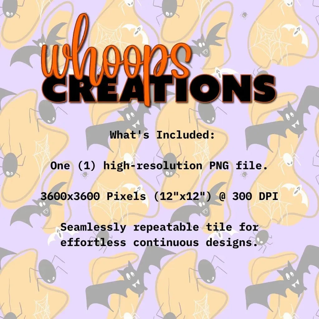 Graphic detailing what is included in the digital download: One high-resolution 300 DPI PNG file of the wonky bats seamless tile.