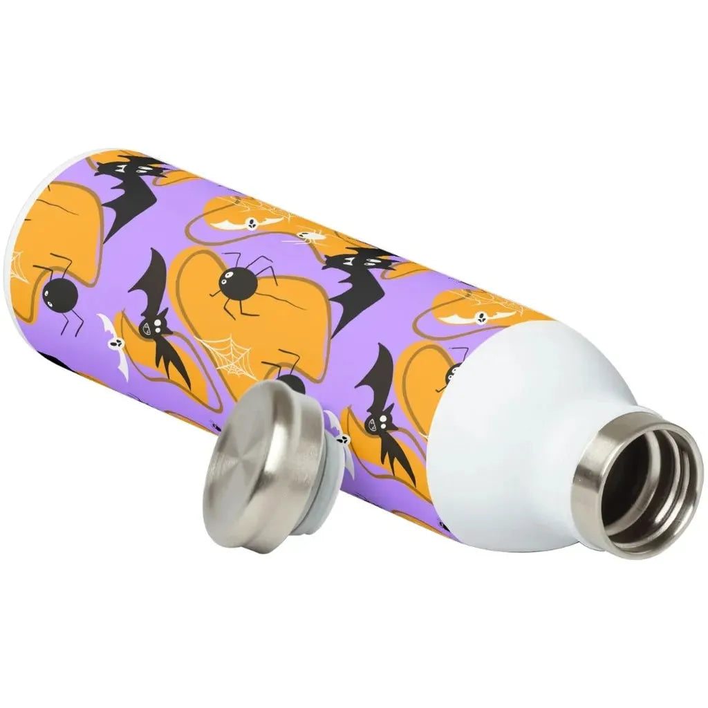 Product mockup of a metal water bottle showing the wonky bats pattern wrapped around the surface for a Halloween accessory.