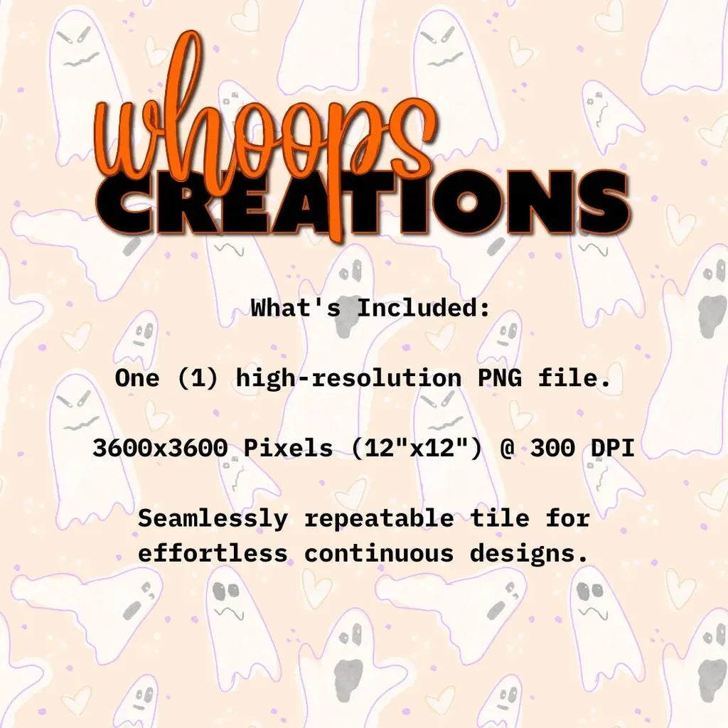 Graphic detailing what is included in the digital download: One high-resolution 300 DPI PNG file of the wonky ghosts seamless tile.