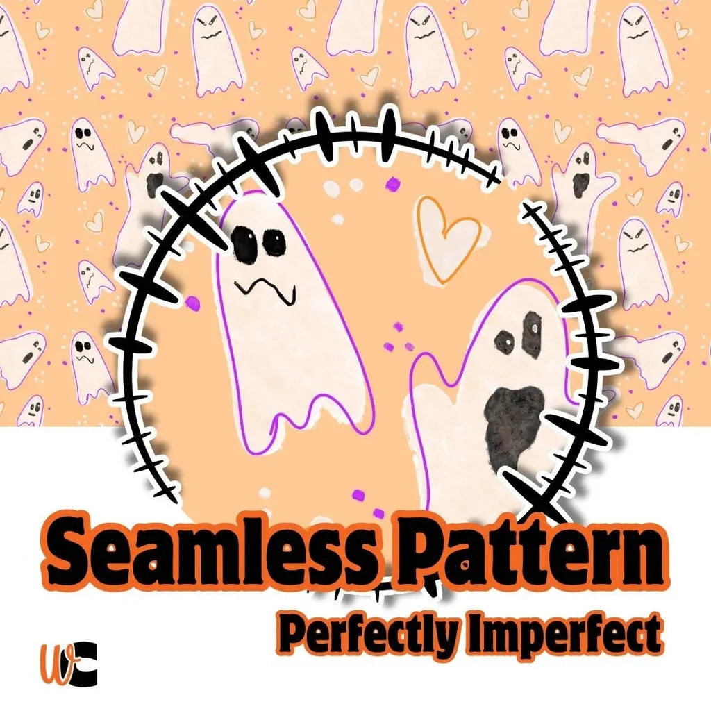 Cover graphic for a single seamless pattern file featuring wonky, cute ghost figures in an all-over repeating print, perfect for quirky Halloween projects.