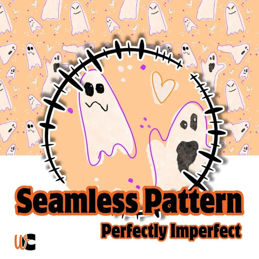 Cover graphic for a single seamless pattern file featuring wonky, cute ghost figures in an all-over repeating print, perfect for quirky Halloween projects.