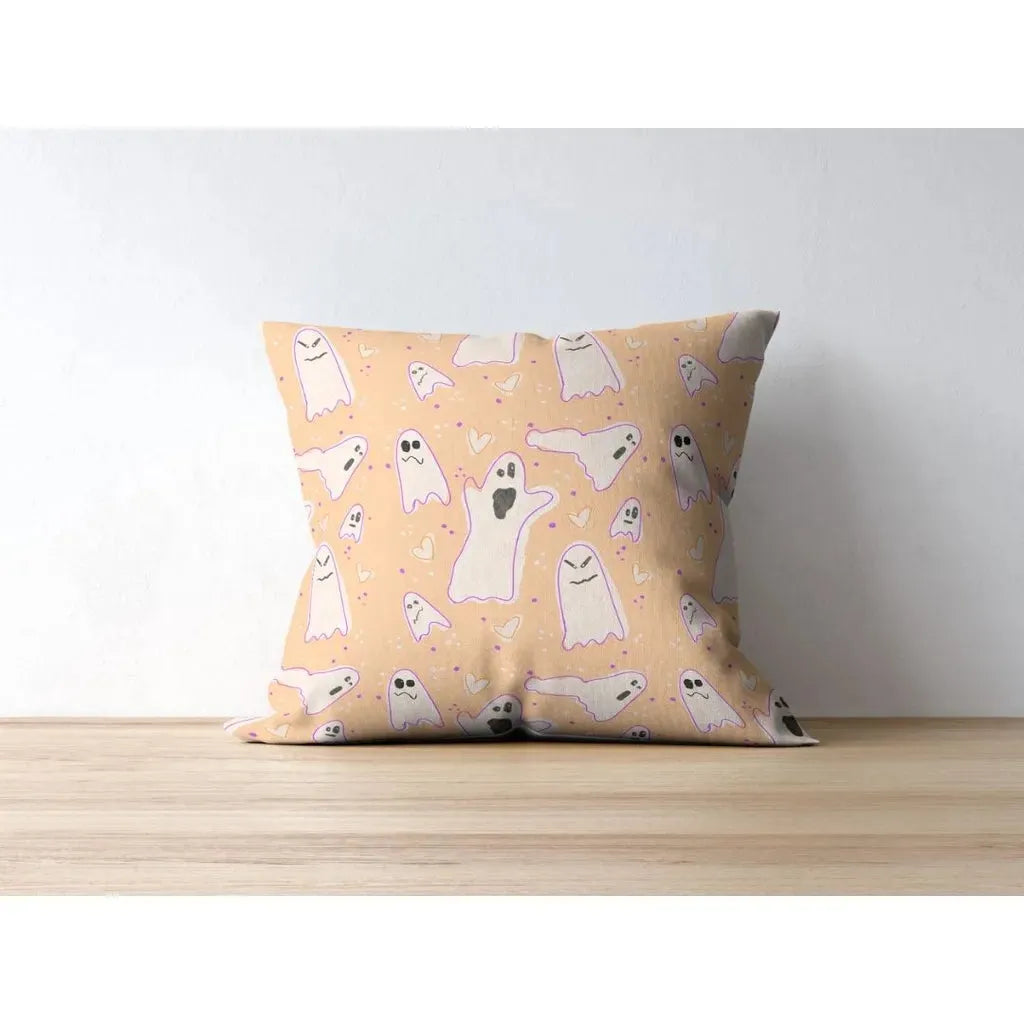Close-up mockup of a single throw pillow showcasing the repeating wonky ghosts seamless pattern on fabric for spooky decor.
