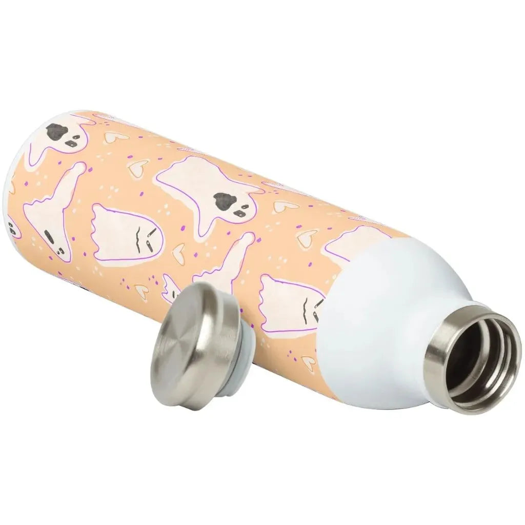 Product mockup of a metal water bottle showing the wonky ghosts pattern wrapped around the surface for a Halloween accessory.