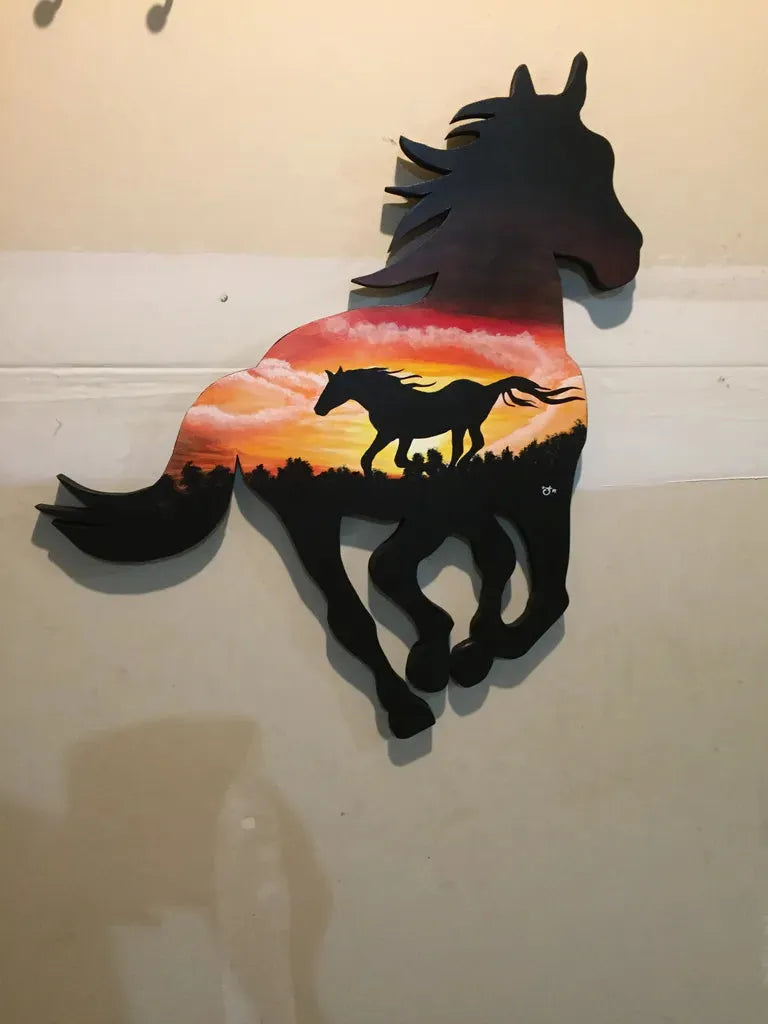 Acrylic Horse Wood Cutout: Hand-painted custom horse decor on wood, featuring vibrant colors and bold, illustrative detail.