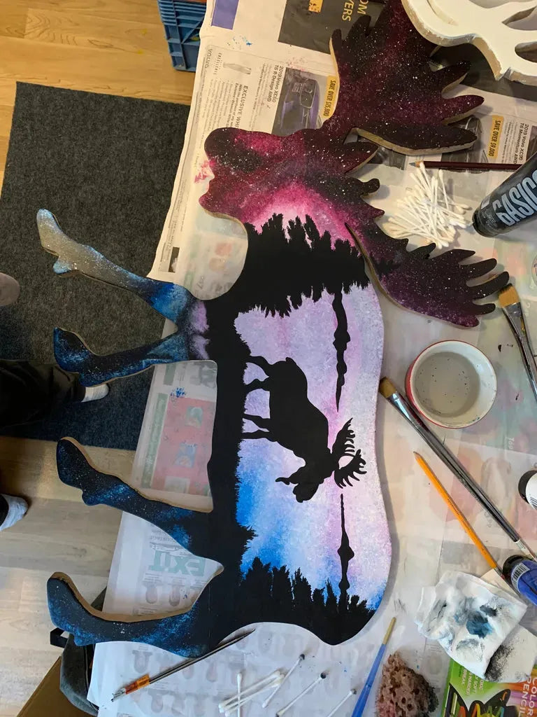 Moose Wood Cutout: Custom acrylic painted moose profile on wood. Unique rustic lodge or wildlife-themed home decor commission.