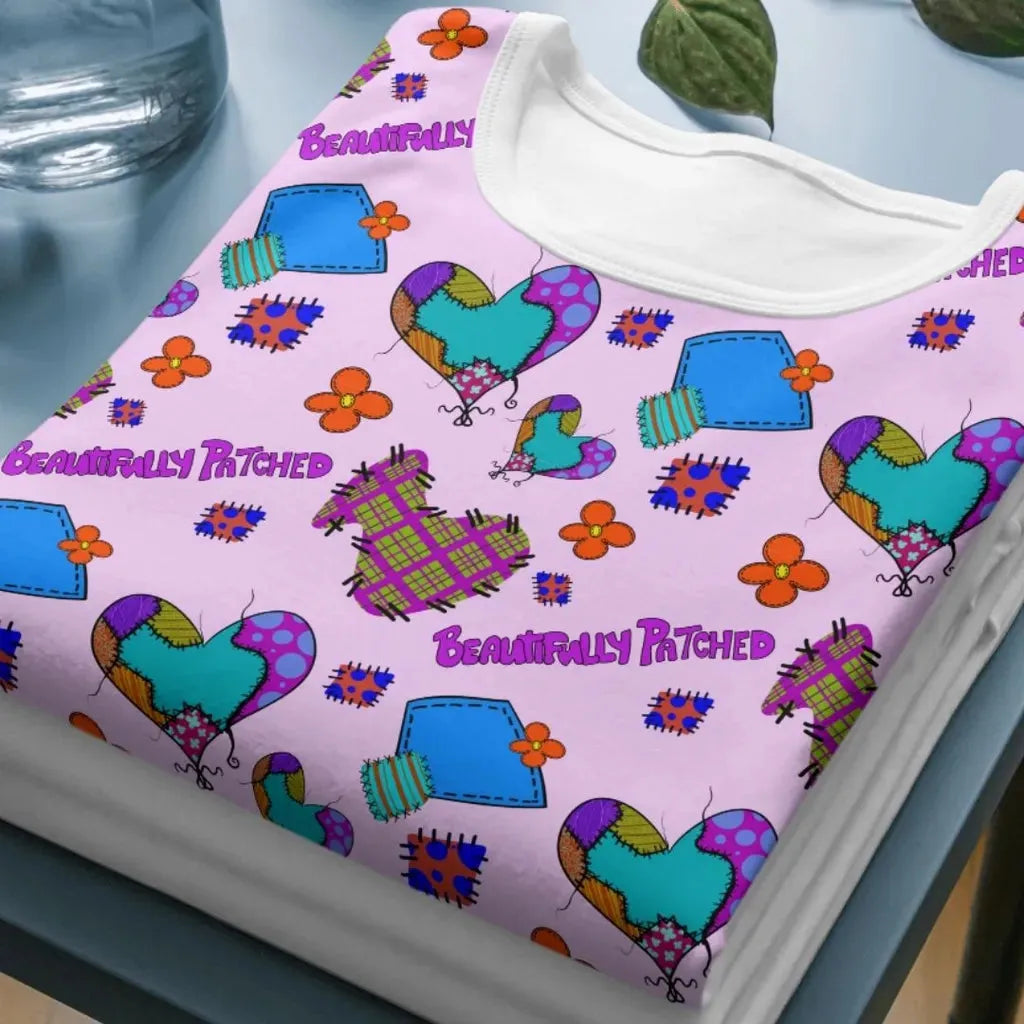 Folded shirt mockup showing the Beautifully Patched seamless pattern printed on fabric.