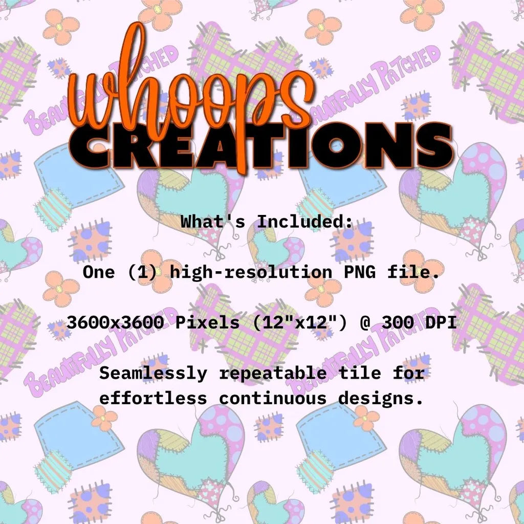 What's included graphic listing file details for the Beautifully Patched seamless pattern digital download.