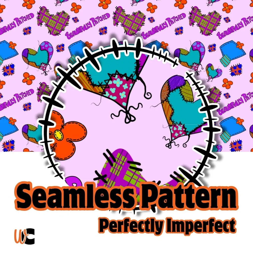 Cover image showing the Beautifully Patched seamless pattern with colorful stitched hearts, patches, and flowers on a pink background.