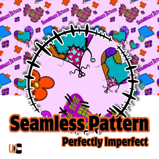 Cover image showing the Beautifully Patched seamless pattern with colorful stitched hearts, patches, and flowers on a pink background.