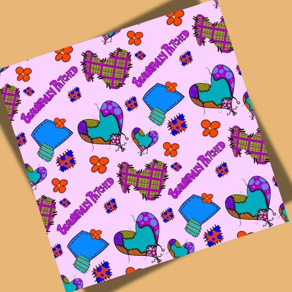 Full view of the Beautifully Patched seamless pattern tile featuring colorful stitched hearts, patches, and flowers.