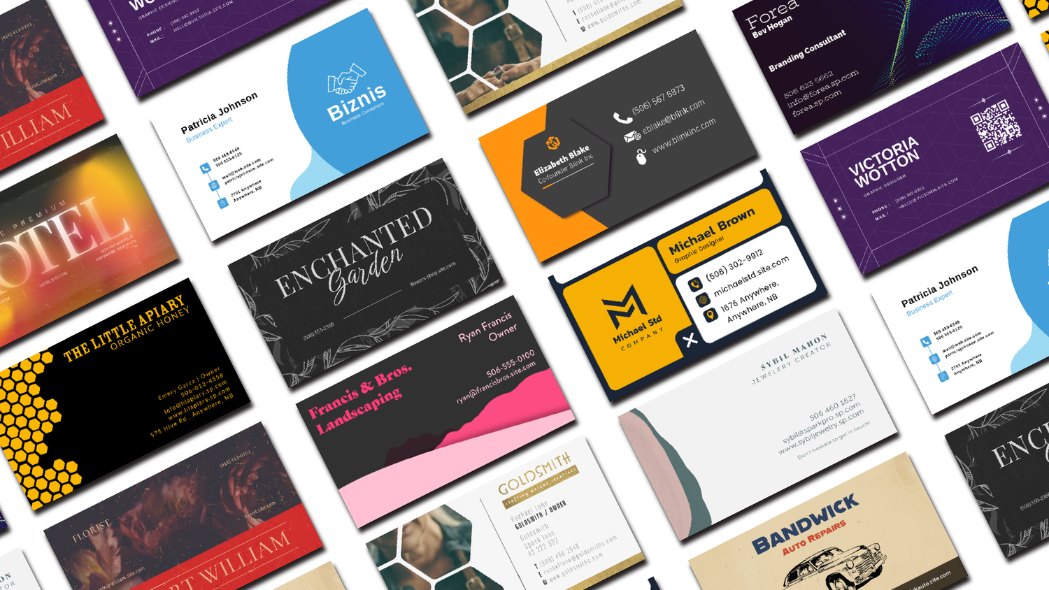 Custom business card designs showing minimalist and illustrative options.