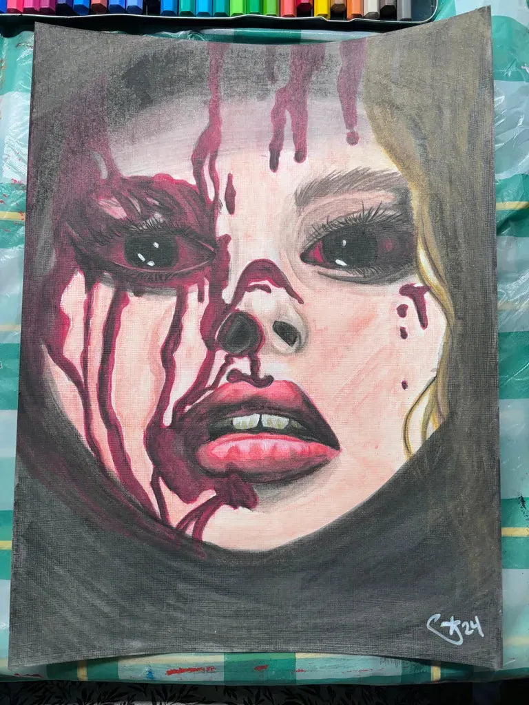 Carrie Watercolour Portrait: Custom Stephen King 'Carrie' fan art on paper, featuring the iconic blood-drenched face. Horror film inspired commission.