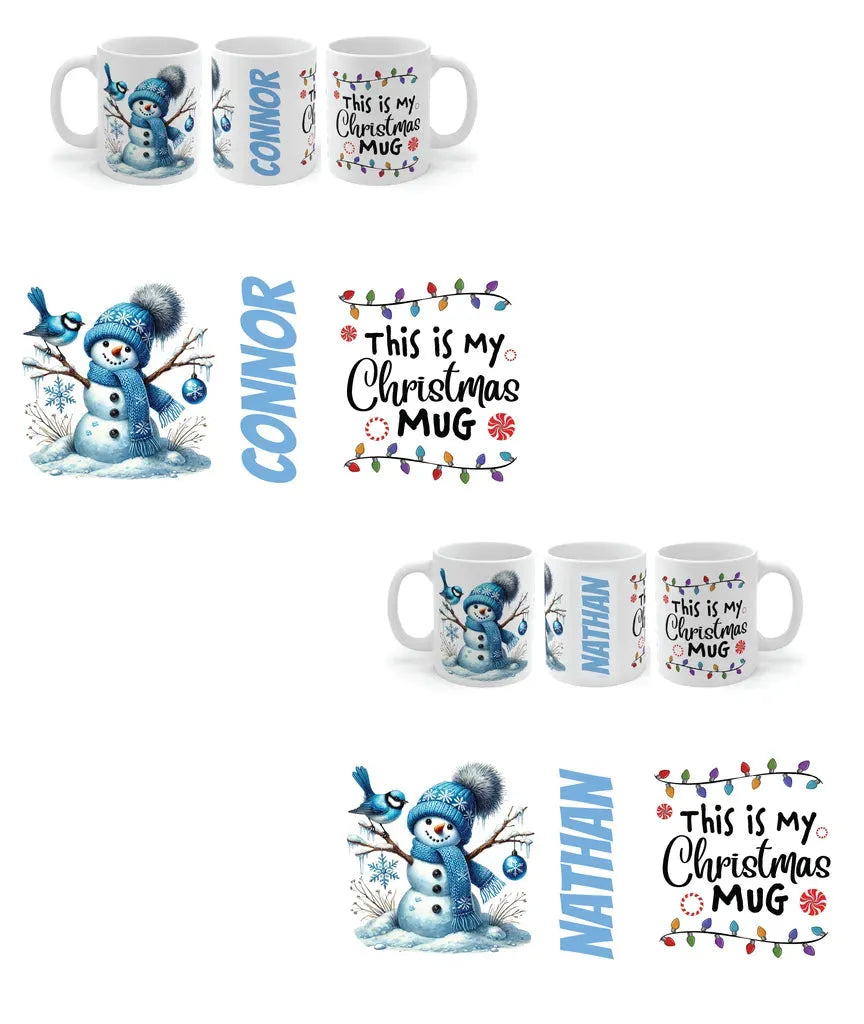 Personalized Christmas mugs for Connor and Nathan featuring snowman designs, holiday text, and colorful lights.