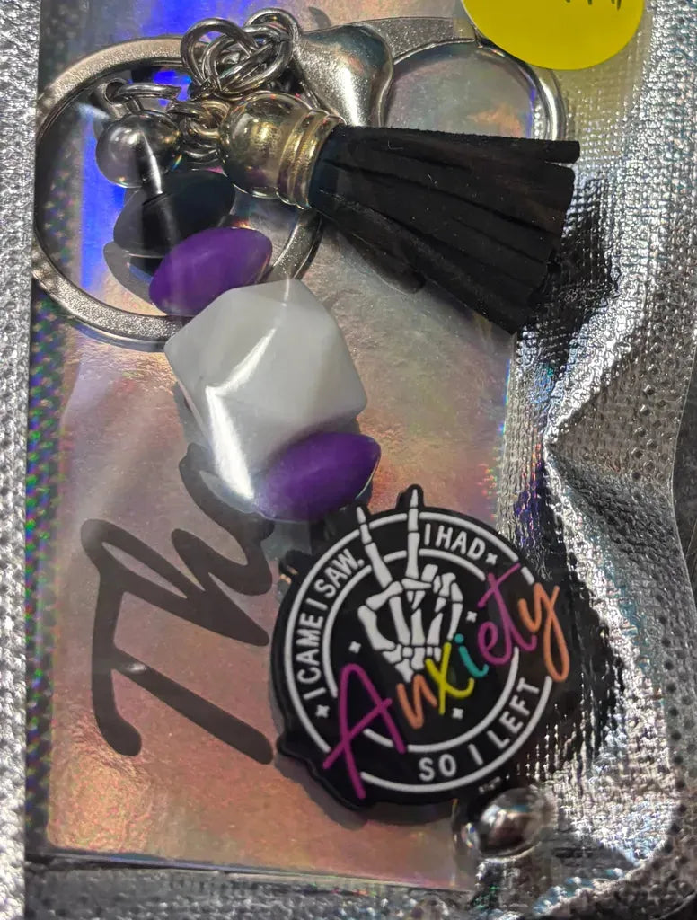 Handmade custom beaded keychain with "I Came, I Saw, I Had Anxiety" charm, colorful beads, by Whoops Creations
