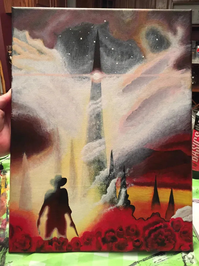 The Dark Tower Acrylic Painting: Custom Stephen King fan art commission on canvas, featuring the Gunslinger, the field of roses, and the Tower.