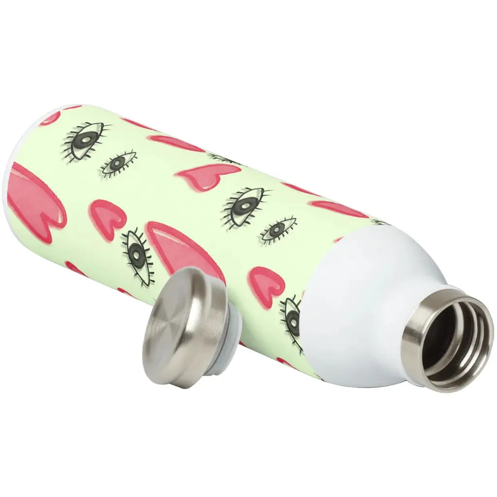 Stainless steel water bottle mockup wrapped with the eyes and hearts seamless pattern.