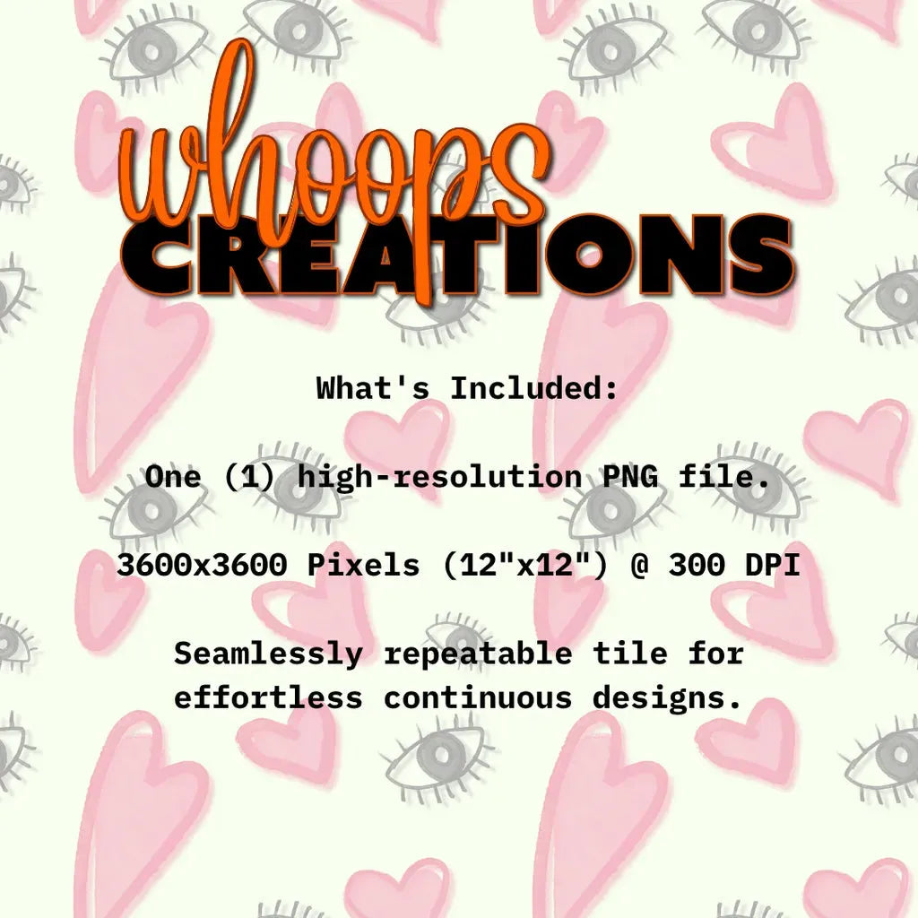 Graphic listing what’s included in the digital download for the eyes and hearts seamless pattern.