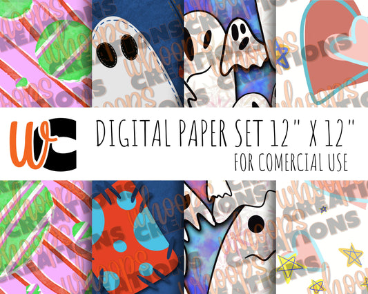 Ghost Digital Paper Set – Imperfect Halloween Hand-Drawn 12"x12" Sheets
