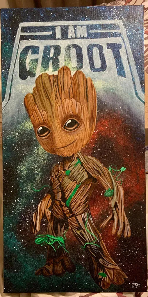 Groot Acrylic Painting: Custom Guardians of the Galaxy fan art commission on canvas, featuring bold, illustrative style.