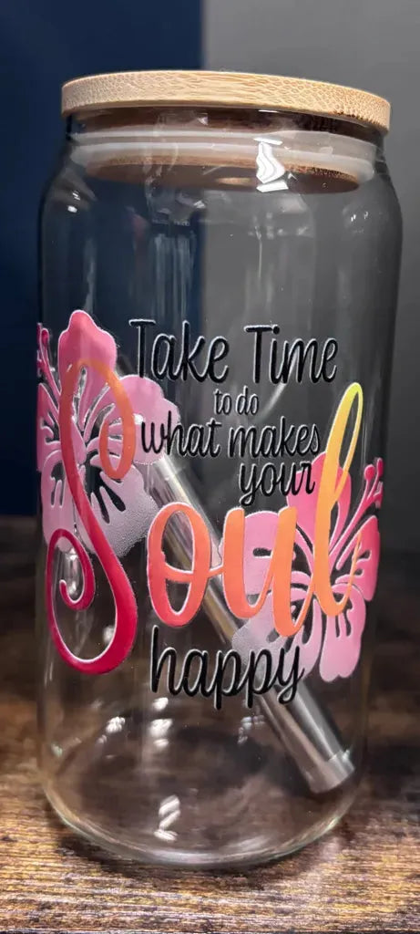 Happy Soul glass can cup with bamboo lid, metal straw, floral design, eco-friendly drinkware