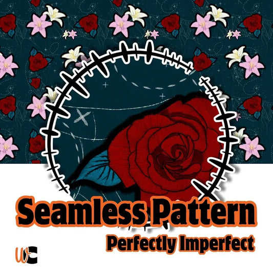 Seamless pattern design with a red rose and barbed wire on a dark blue background with flowers.