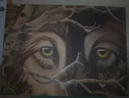 Large Wolf Eye Drawing: 5x4 ft pencil crayon portrait on wood. Extreme detail custom pet commission for large-scale walls.