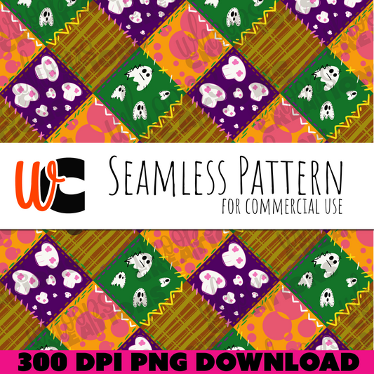 Patchwork Skulls and Ghosts Pattern – Perfectly Imperfect Hand-Drawn Halloween Digital Paper
