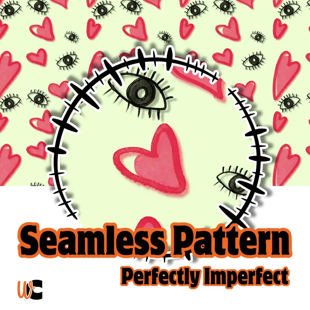 Cover image showing the Perfectly Imperfect seamless pattern with hand-drawn eyes and hearts on a light green background, highlighting the design style.