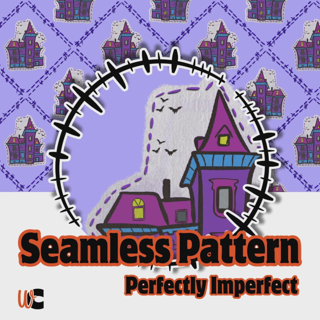 Video showcase demonstrating the animated haunted house pattern on various merchandise mockups, including shirts and water bottles.
