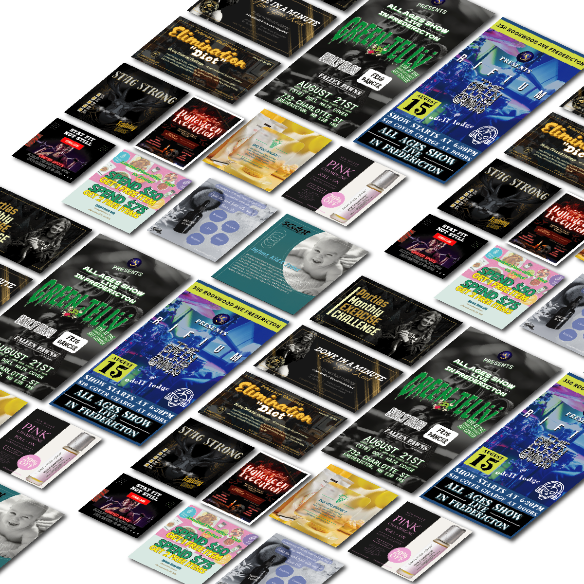 Angled overhead view of various promotional social media graphics, including designs for concerts, sales, health products, and elimination diets.