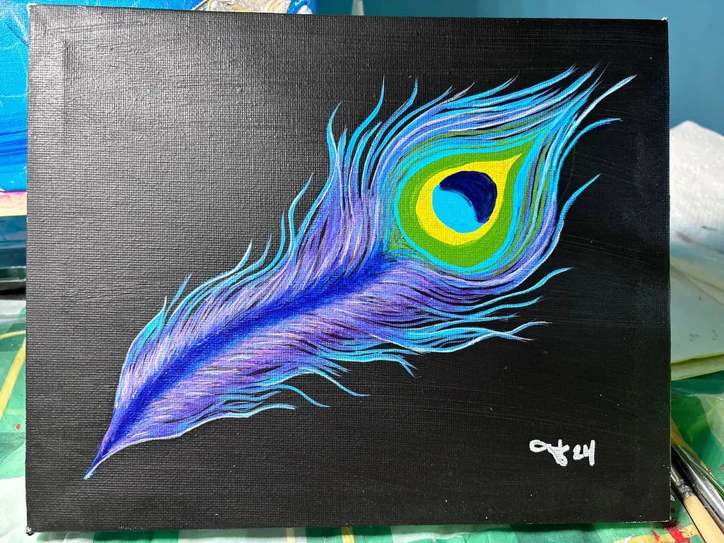 Vibrant Peacock Feather Painting: Custom acrylic art on canvas, featuring a stylized feather in bright purple, blue, and yellow. Nature decor commission.