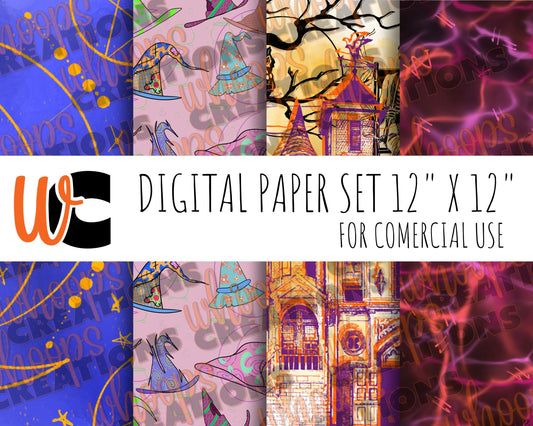 Witch Digital Paper Set – Imperfect Halloween Hand-Drawn 12"x12" Sheets