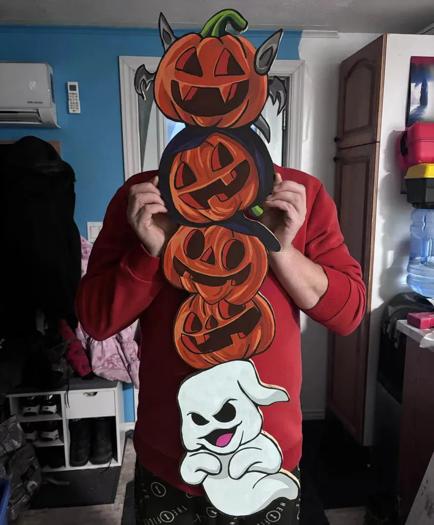 Halloween Porch Sign: Hand-painted acrylic wood cutout featuring four pumpkins and a ghost. Custom seasonal deck decor commission.